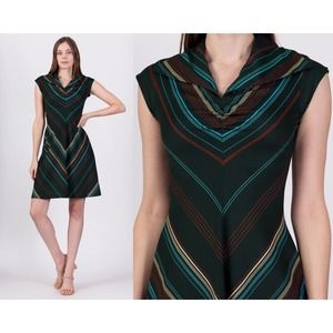 70s Green Chevron Striped Mini Dress - Extra Small